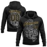 Custom Name and Number Tiger Skull 3D Pattern Hoodie Sweatshirt - Personalized Stitched Black Old Gold Pullover Personalized