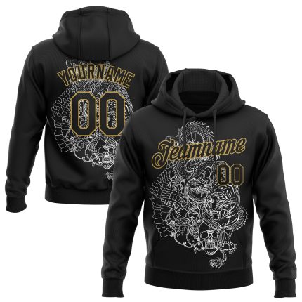 Custom Name and Number Tiger Skull 3D Pattern Hoodie Sweatshirt - Personalized Stitched Black Old Gold Pullover Personalized