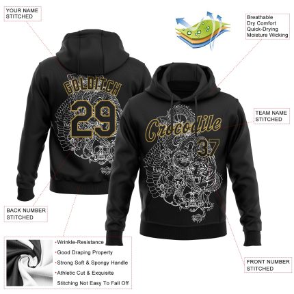 Custom Name and Number Tiger Skull 3D Pattern Hoodie Sweatshirt - Personalized Stitched Black Old Gold Pullover Personalized