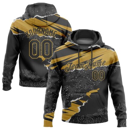 Custom Sports Hoodie - Personalized Stitched Black Old Gold 3D Torn Paper Design with Team Name & Number, Pullover Sweatshirt