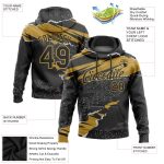 Custom Sports Hoodie - Personalized Stitched Black Old Gold 3D Torn Paper Design with Team Name & Number, Pullover Sweatshirt