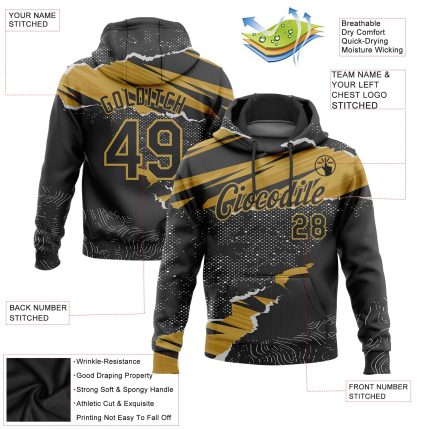 Custom Sports Hoodie - Personalized Stitched Black Old Gold 3D Torn Paper Design with Team Name & Number, Pullover Sweatshirt
