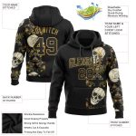 Custom 3D Skull Hoodie Black Old Gold Pullover Sweatshirt with Personalized Name & Number for Sports Team Personalized Stitched