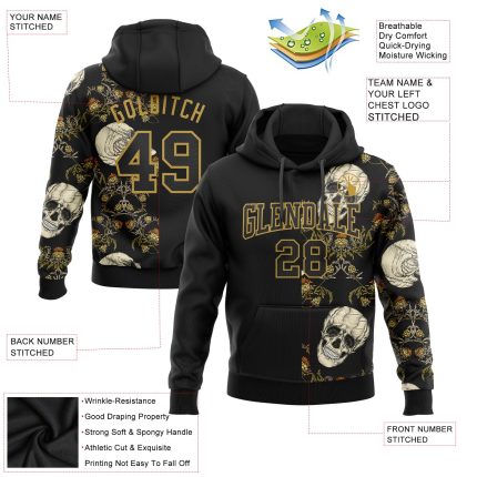 Custom 3D Skull Hoodie Black Old Gold Pullover Sweatshirt with Personalized Name & Number for Sports Team Personalized Stitched