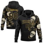 Custom 3D Skull Hoodie Black Old Gold Pullover Sweatshirt with Personalized Name & Number for Sports Team Personalized Stitched