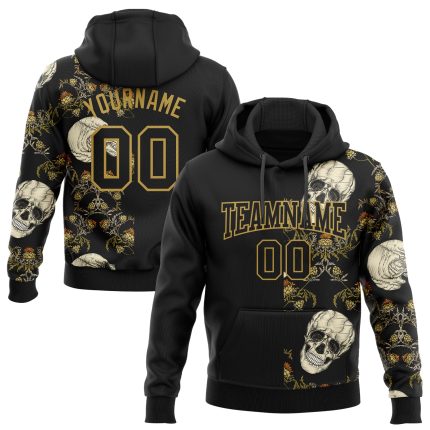 Custom 3D Skull Hoodie Black Old Gold Pullover Sweatshirt with Personalized Name & Number for Sports Team Personalized Stitched
