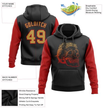 Custom 3D Skull Hoodie | Personalized Black Gold-Red Sports Pullover Sweatshirt with Team Name & Number Personalized Stitched