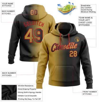 Custom Name and Number Hoodie - Personalized Black and Gold-Red Gradient Sports Pullover Sweatshirt Personalized Stitched