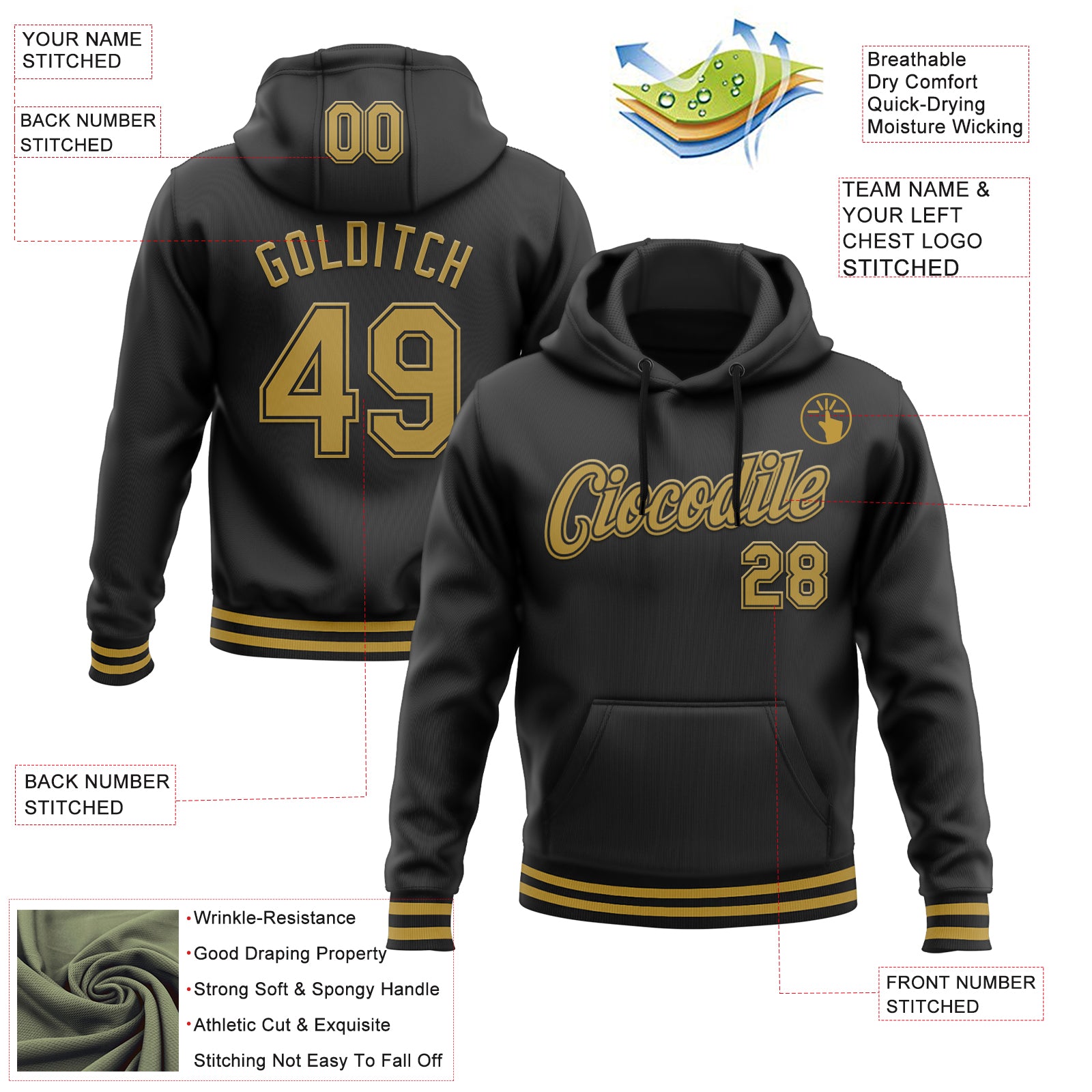 Personalized Stitched Black Old Gold Sports Pullover Sweatshirt Hoodie Personalized Black Old Gold Sports Hoodie Sweatshirt - Custom Stitched Pullover for Men and Women Personalized Stitched Black - Image 3