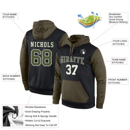 Custom Team Hoodie with Personalized Name and Number - Black Olive-White Stitched Pullover Sweatshirt Personalized Stitched