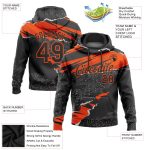 Custom Name and Number Sports Hoodie - Personalized 3D Torn Paper Design Sweatshirt in Black and Orange Personalized Stitched