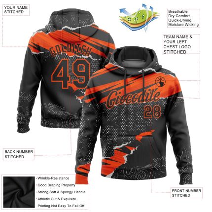 Custom Name and Number Sports Hoodie - Personalized 3D Torn Paper Design Sweatshirt in Black and Orange Personalized Stitched