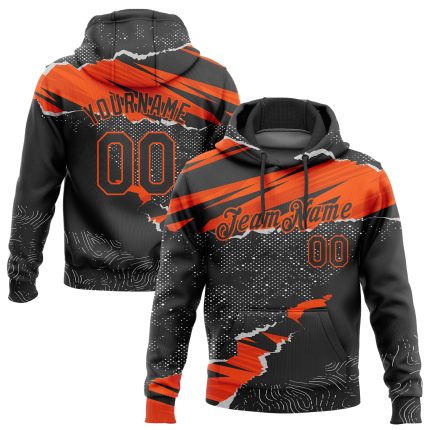 Custom Name and Number Sports Hoodie - Personalized 3D Torn Paper Design Sweatshirt in Black and Orange Personalized Stitched