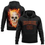 Custom 3D Skull Flame Hoodie with Stitched Name & Number - Black Orange Sports Pullover Sweatshirt Personalized Stitched