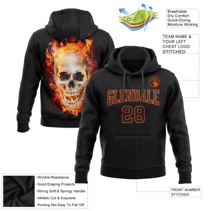 Custom 3D Skull Flame Hoodie with Stitched Name & Number - Black Orange Sports Pullover Sweatshirt Personalized Stitched