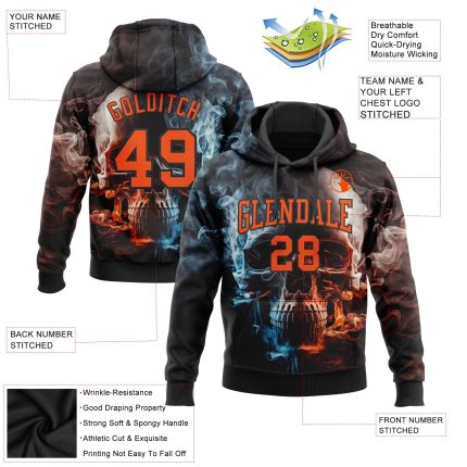 Custom Name Number 3D Skull Sports Hoodie Personalized Stitched Black Orange Sweatshirt Pullover Personalized Stitched Black