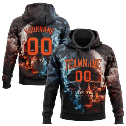 Custom Name Number 3D Skull Sports Hoodie Personalized Stitched Black Orange Sweatshirt Pullover Personalized Stitched Black