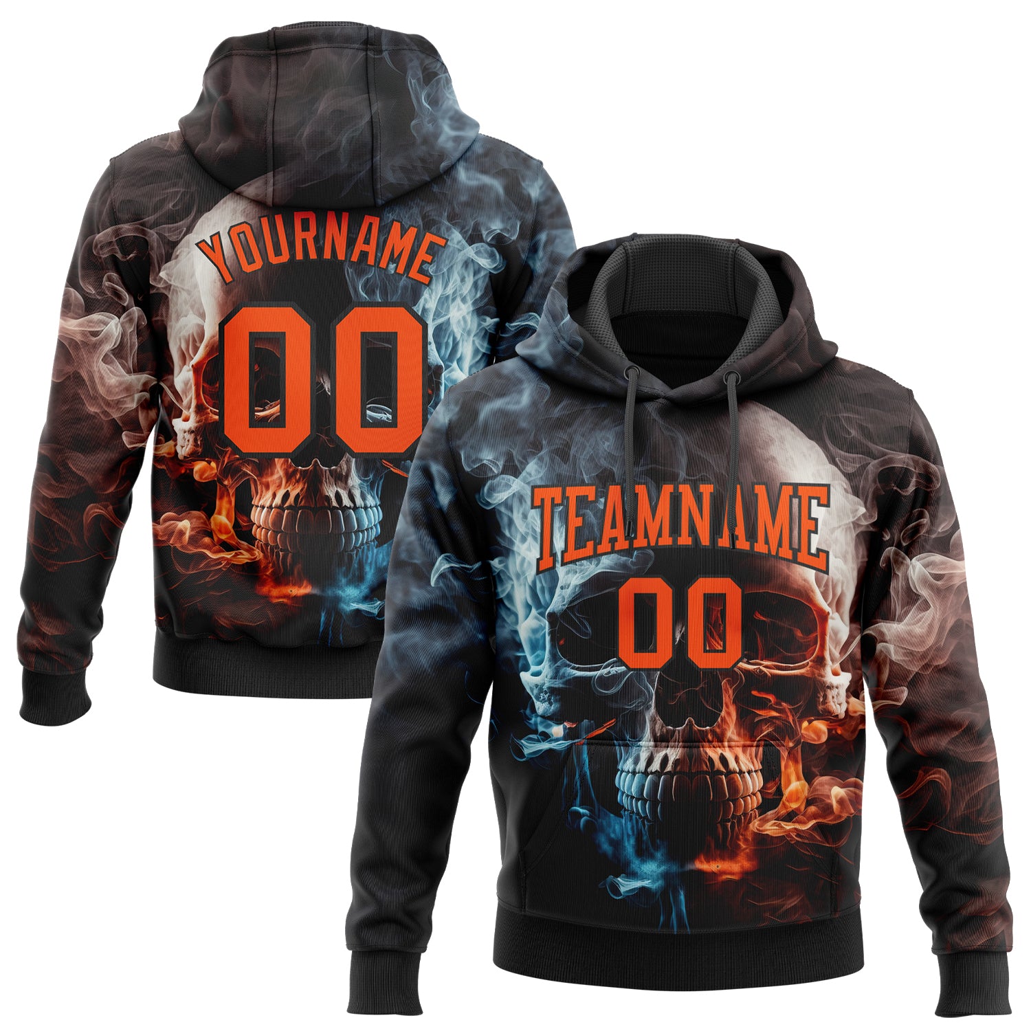 Custom Name Number 3D Skull Sports Hoodie Personalized Stitched Black Orange Sweatshirt Pullover Personalized Stitched Black