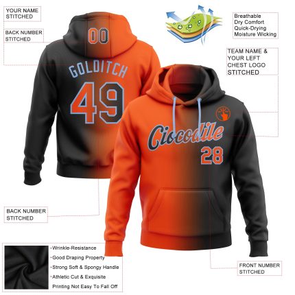 Custom Team Hoodie with Personalized Name and Number - Stitched Black Orange-Light Blue Gradient Sports Sweatshirt Personalized