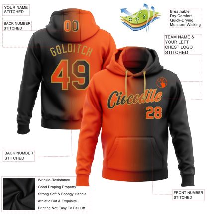 Custom Name Number Hoodie, Personalized Black Orange Gold Gradient Pullover Sweatshirt, Fashion Sports Team Apparel Personalized