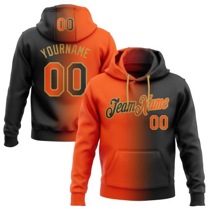 Custom Name Number Hoodie, Personalized Black Orange Gold Gradient Pullover Sweatshirt, Fashion Sports Team Apparel Personalized