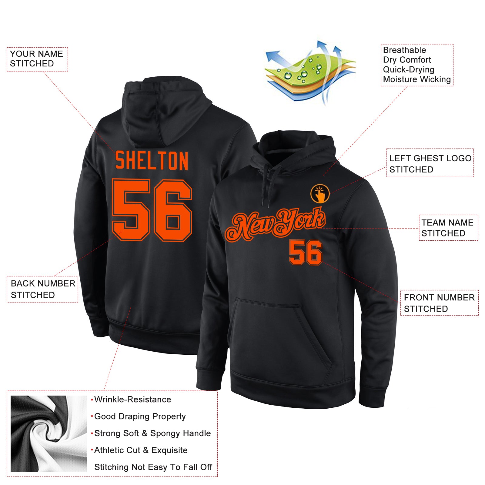 Personalized Stitched Black Orange Sports Pullover Sweatshirt Hoodie Personalized Black Orange Sports Hoodie Pullover Sweatshirt for Men Women Personalized Stitched Black Orange Sports Pullover - Image 4