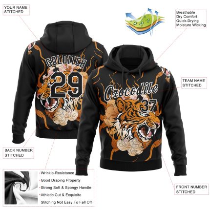 Custom Flame Tiger Sports Hoodie 3D Pattern Sweatshirt with Stitched Name & Number - Black Orange-White Design Personalized