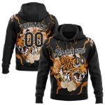 Custom Flame Tiger Sports Hoodie 3D Pattern Sweatshirt with Stitched Name & Number - Black Orange-White Design Personalized