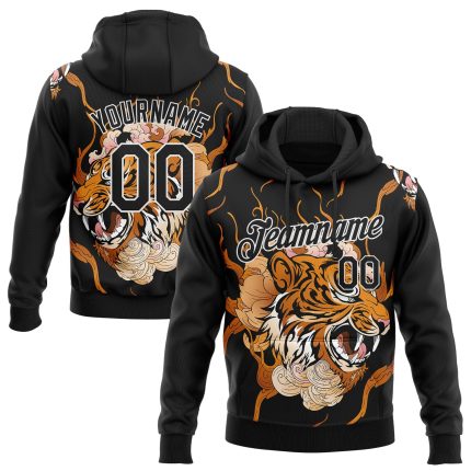 Custom Flame Tiger Sports Hoodie 3D Pattern Sweatshirt with Stitched Name & Number - Black Orange-White Design Personalized
