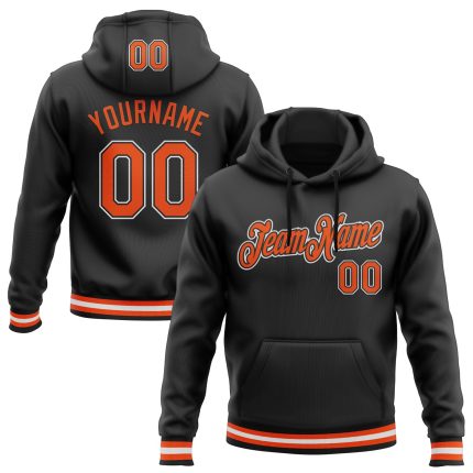 Custom Sports Hoodie with Personalized Name and Number - Black Orange White Stitched Pullover Sweatshirt Personalized Stitched