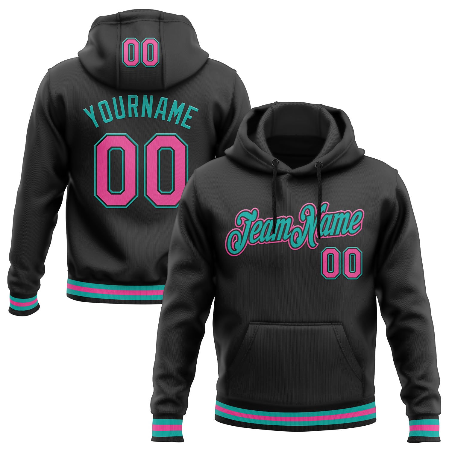 Custom Name and Number Sports Hoodie Pullover Sweatshirt Black Pink Aqua - Personalized Stitched Team Gear Personalized Stitched