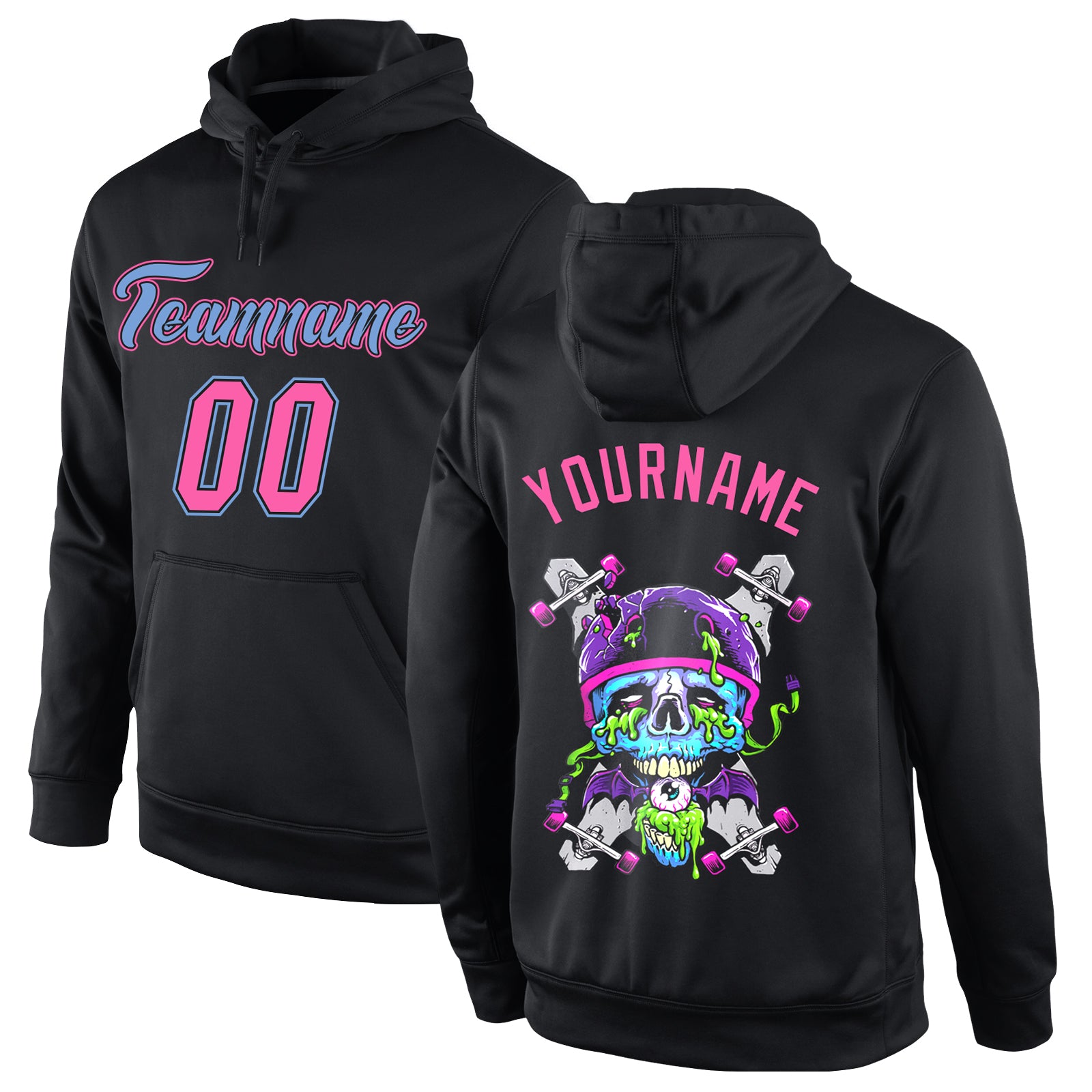 Custom Name & Number 3D Skull Hoodie - Personalized Black Pink-Light Blue Pullover Fashion Sports Sweatshirt Personalized