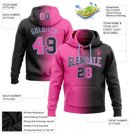 Custom Name & Number Sports Hoodie - Personalized Black Pink-Light Blue Gradient Pullover Sweatshirt Personalized Stitched