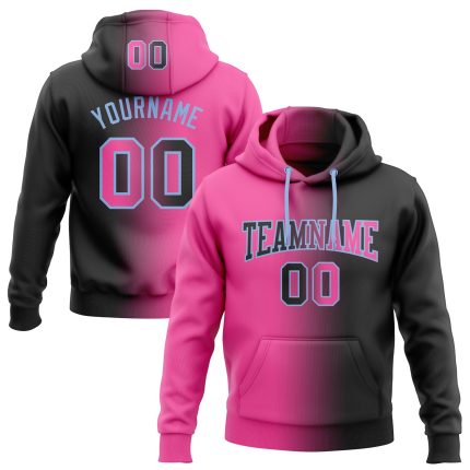 Custom Name & Number Sports Hoodie - Personalized Black Pink-Light Blue Gradient Pullover Sweatshirt Personalized Stitched
