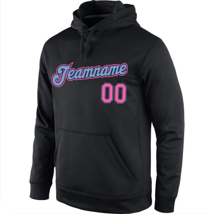 Personalized Black Pink-Light Blue Sports Hoodie Pullover Sweatshirt for Men and Women Personalized Stitched Black Pink-Light
