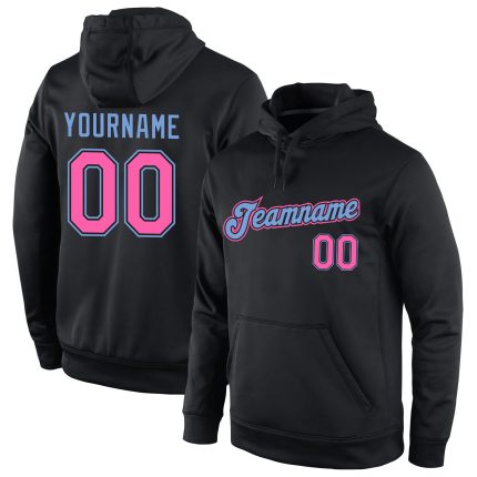 Personalized Black Pink-Light Blue Sports Hoodie Pullover Sweatshirt for Men and Women Personalized Stitched Black Pink-Light
