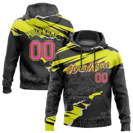 Custom Name & Number Personalized 3D Pattern Sports Hoodie Black Pink Neon Yellow Torn Paper Style Sweatshirt Personalized