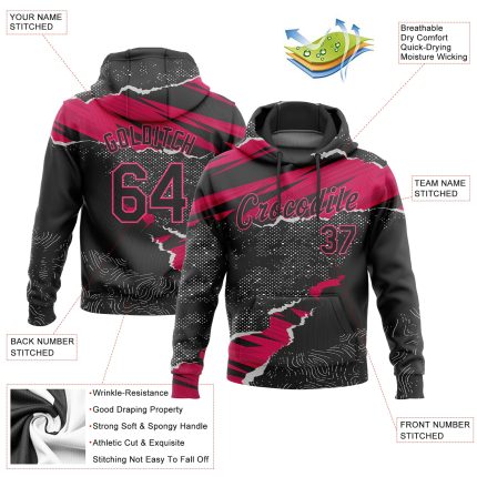 Custom 3D Pattern Sports Hoodie with Personalized Name & Number - Stitched Black Pink & White Torn Paper Style Sweatshirt