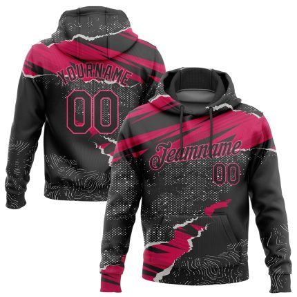 Custom 3D Pattern Sports Hoodie with Personalized Name & Number - Stitched Black Pink & White Torn Paper Style Sweatshirt