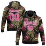 Custom Name Number Hoodie Sports Pullover Sweatshirt with 3D Skull Flower Design in Black Pink-White, Personalized Fashion Style