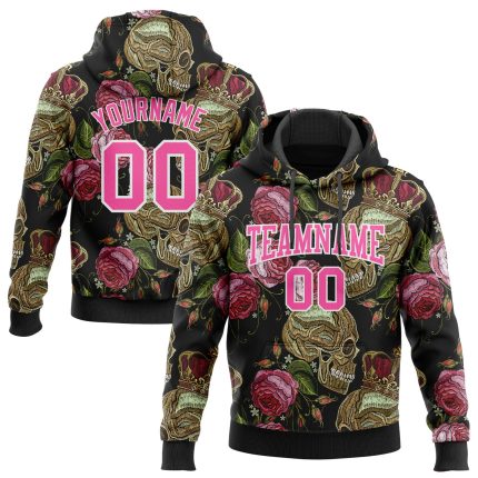 Custom Name Number Hoodie Sports Pullover Sweatshirt with 3D Skull Flower Design in Black Pink-White, Personalized Fashion Style