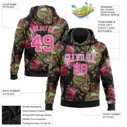 Custom Name Number Hoodie Sports Pullover Sweatshirt with 3D Skull Flower Design in Black Pink-White, Personalized Fashion Style