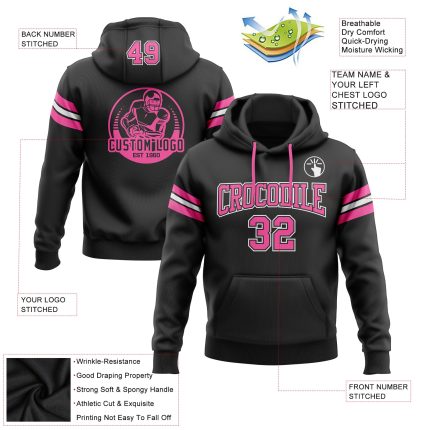 Custom Black Pink-White Pullover Sweatshirt Hoodie with Personalized Name and Number - Stitched Football Apparel Personalized