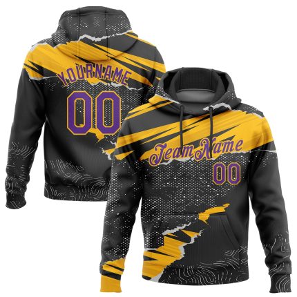 Custom Name and Number Personalized Sports Hoodie Black Purple Gold 3D Torn Paper Style Stitched Pullover Sweatshirt Personalized