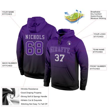 Custom Name & Number Stitched Hoodie - Black Purple-Gray Fade Fashion Sports Pullover Sweatshirt Personalized Stitched Black