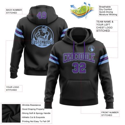 Custom Name Number Football Hoodie Personalized Black Purple Light Blue Stitched Pullover Sweatshirt Personalized Stitched