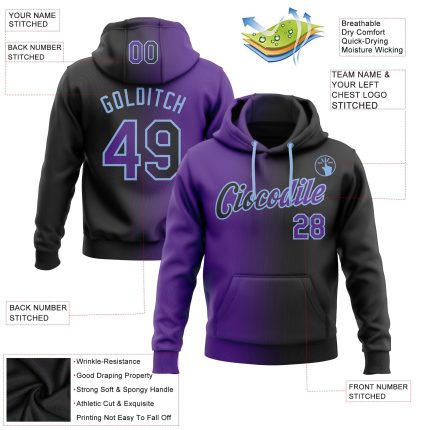 Custom Name Number Hoodie - Personalized Black Purple Light Blue Gradient Sports Pullover Sweatshirt Personalized Stitched
