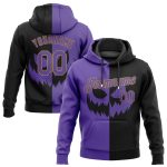 Custom Name and Number Halloween Pumpkin Pullover Hoodie, Scary Faces 3D Pattern, Black Purple Gold, Sports Sweatshirt, Salute to Service