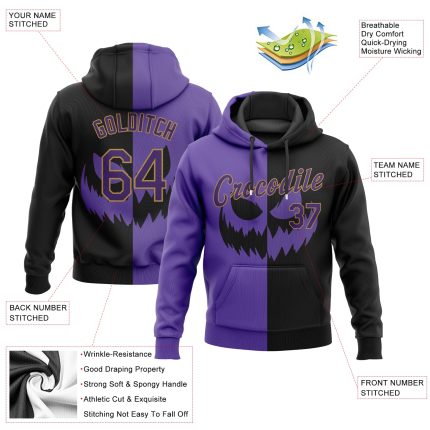 Custom Name and Number Halloween Pumpkin Pullover Hoodie, Scary Faces 3D Pattern, Black Purple Gold, Sports Sweatshirt, Salute to Service