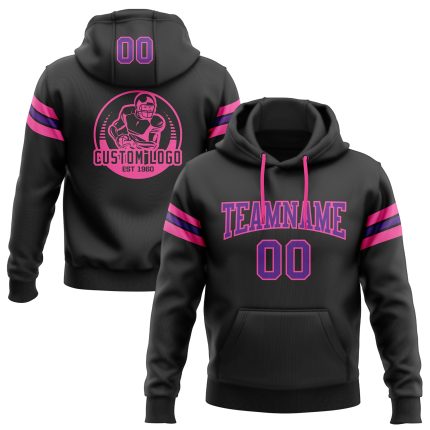 Custom Team Football Hoodie with Personalized Name and Number - Stitched Black Purple-Pink Pullover Sweatshirt Personalized
